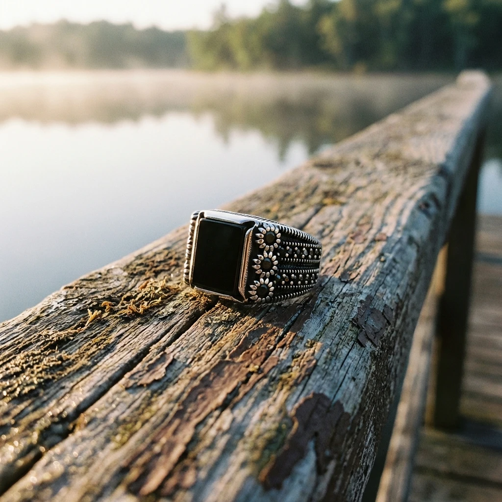 Siyah Kare Taşlı Yanları Mikro Siyah Zirkon İşlemeli Gümüş Erkek Yüzüğü