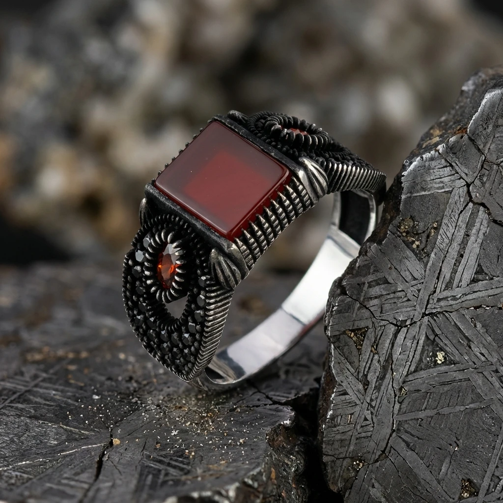 Pençe Detaylı ve Kare Kızıl Akik Erkek Yüzük