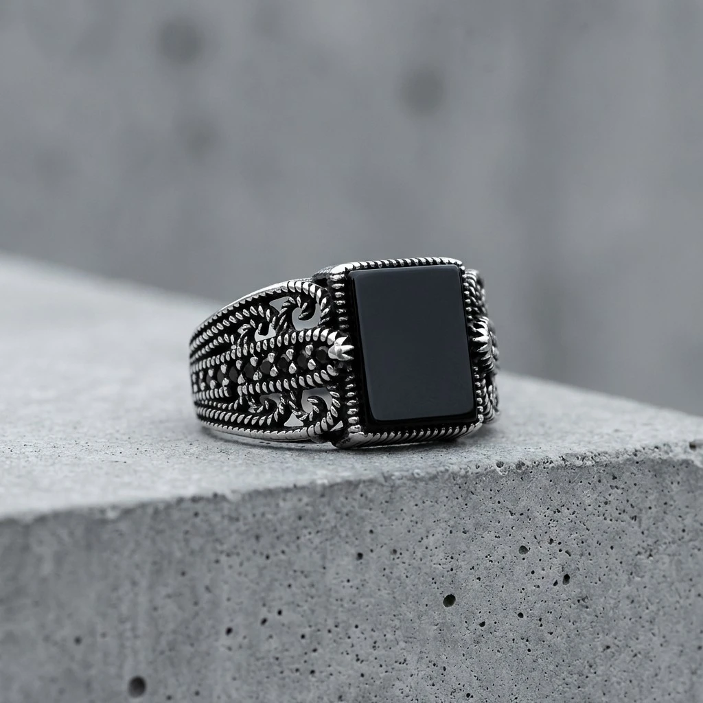 Halat Örgü Desenli Kare Siyah Oniks Erkek Yüzük