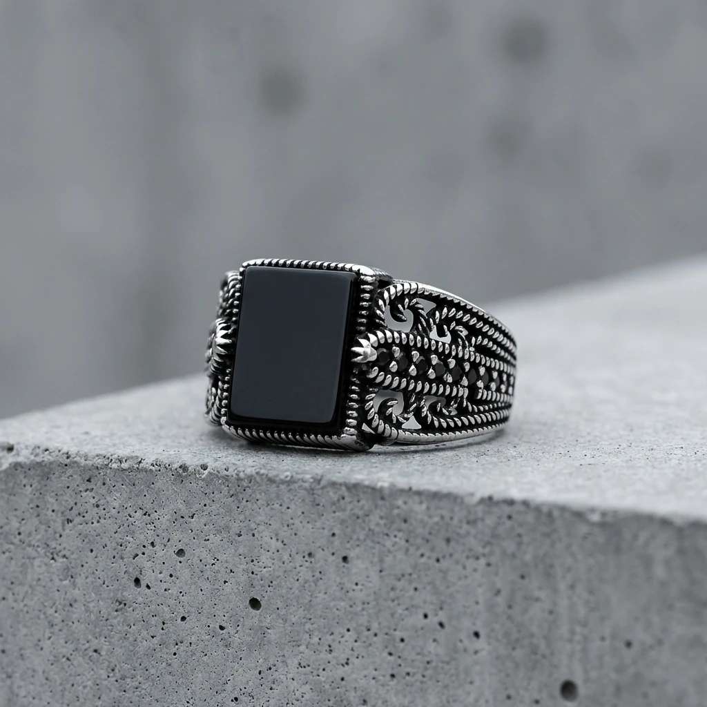 Halat Örgü Desenli Kare Siyah Oniks Erkek Yüzük