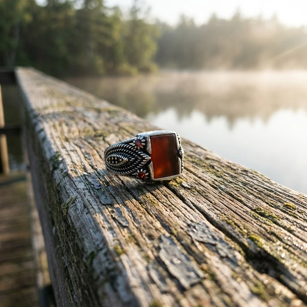 Halat Örgü Desenli Kare Kızıl Akik Erkek Yüzük