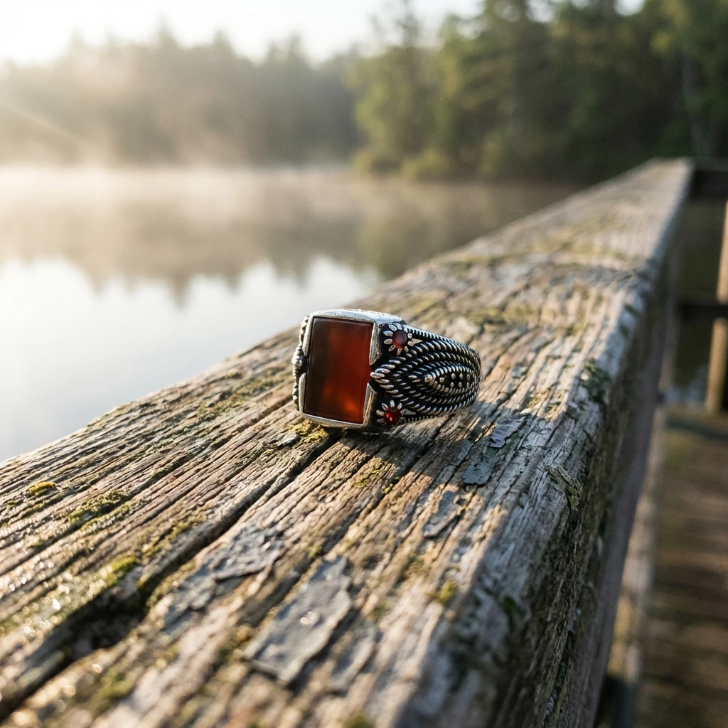 Halat Örgü Desenli Kare Kızıl Akik Erkek Yüzük