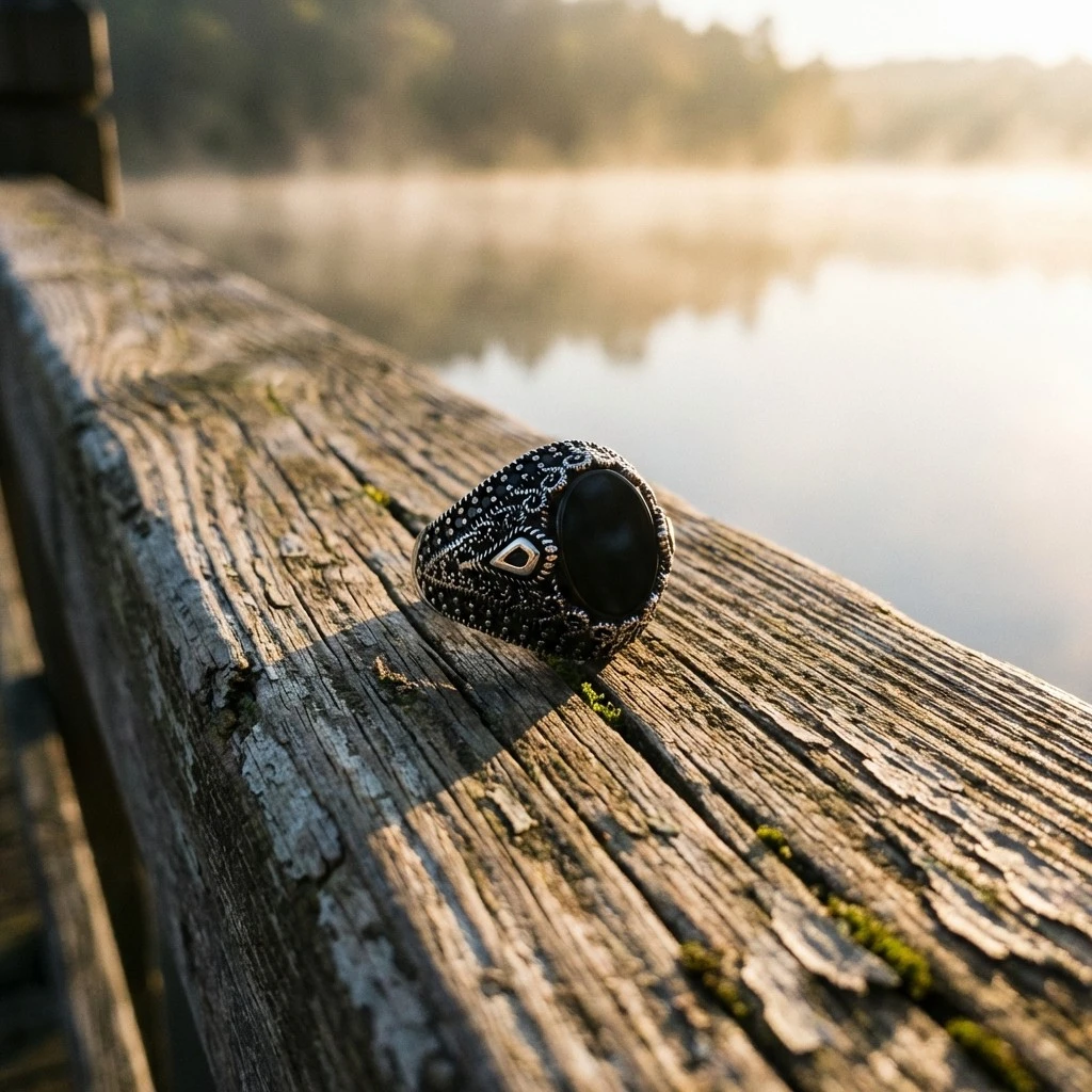 Oval Siyah Taşlı Yanları Mikro Zirkon ve Damla Motifli Gümüş Yüzük