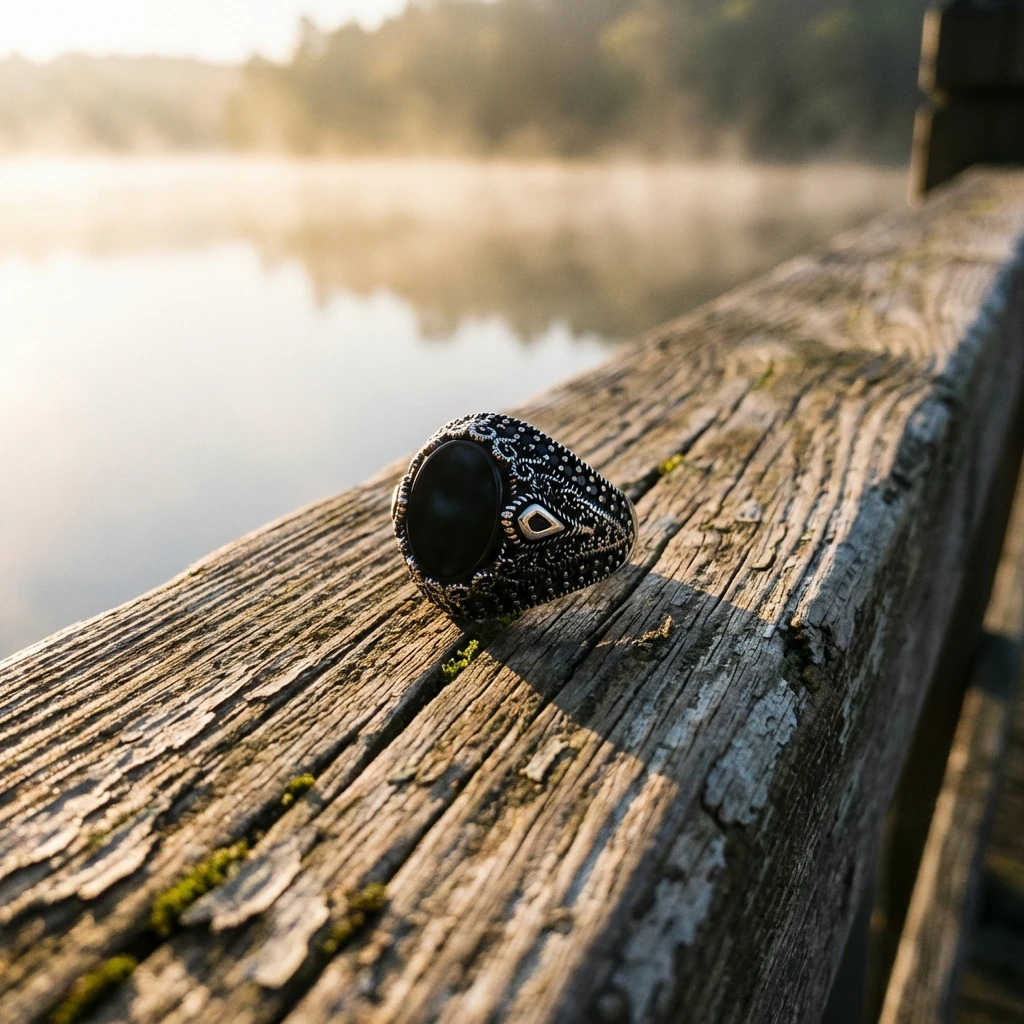 Oval Siyah Taşlı Yanları Mikro Zirkon ve Damla Motifli Gümüş Yüzük