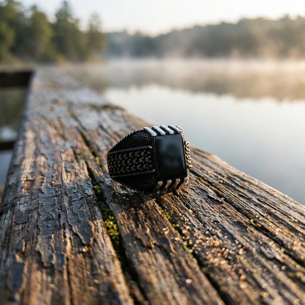 Siyah Kare Taşlı Yanları Siyah Taş Mıhlama ve Sütunlu Gümüş Yüzük