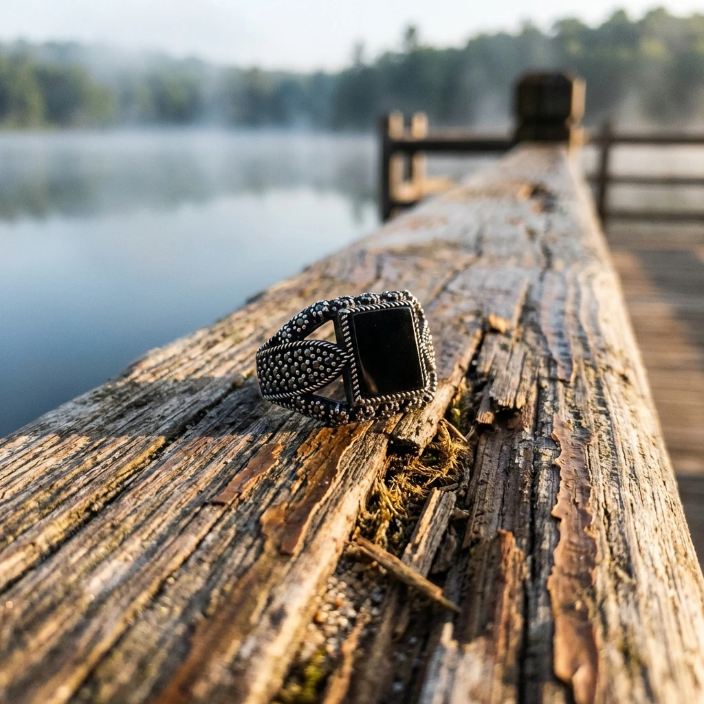 Siyah Kare Taşlı Yanları Çiçek Desenli ve Burgu Çerçeveli Gümüş Yüzük