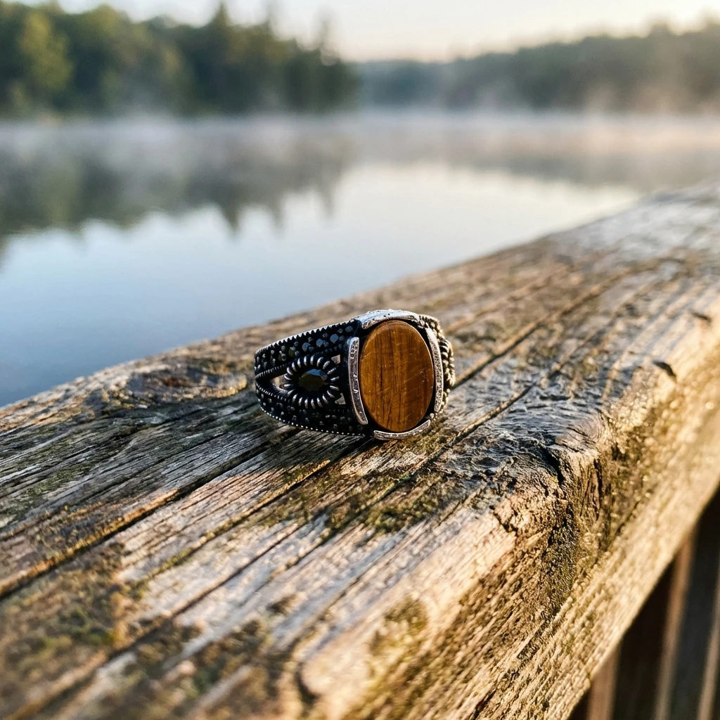 Doğal Kaplan Gözü Taşlı Yanları Elips Boşluklu Gümüş Erkek Yüzüğü