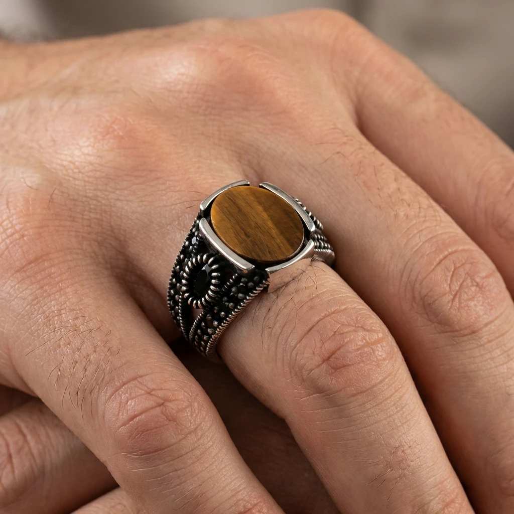 Doğal Kaplan Gözü Taşlı Yanları Elips Boşluklu Gümüş Erkek Yüzüğü