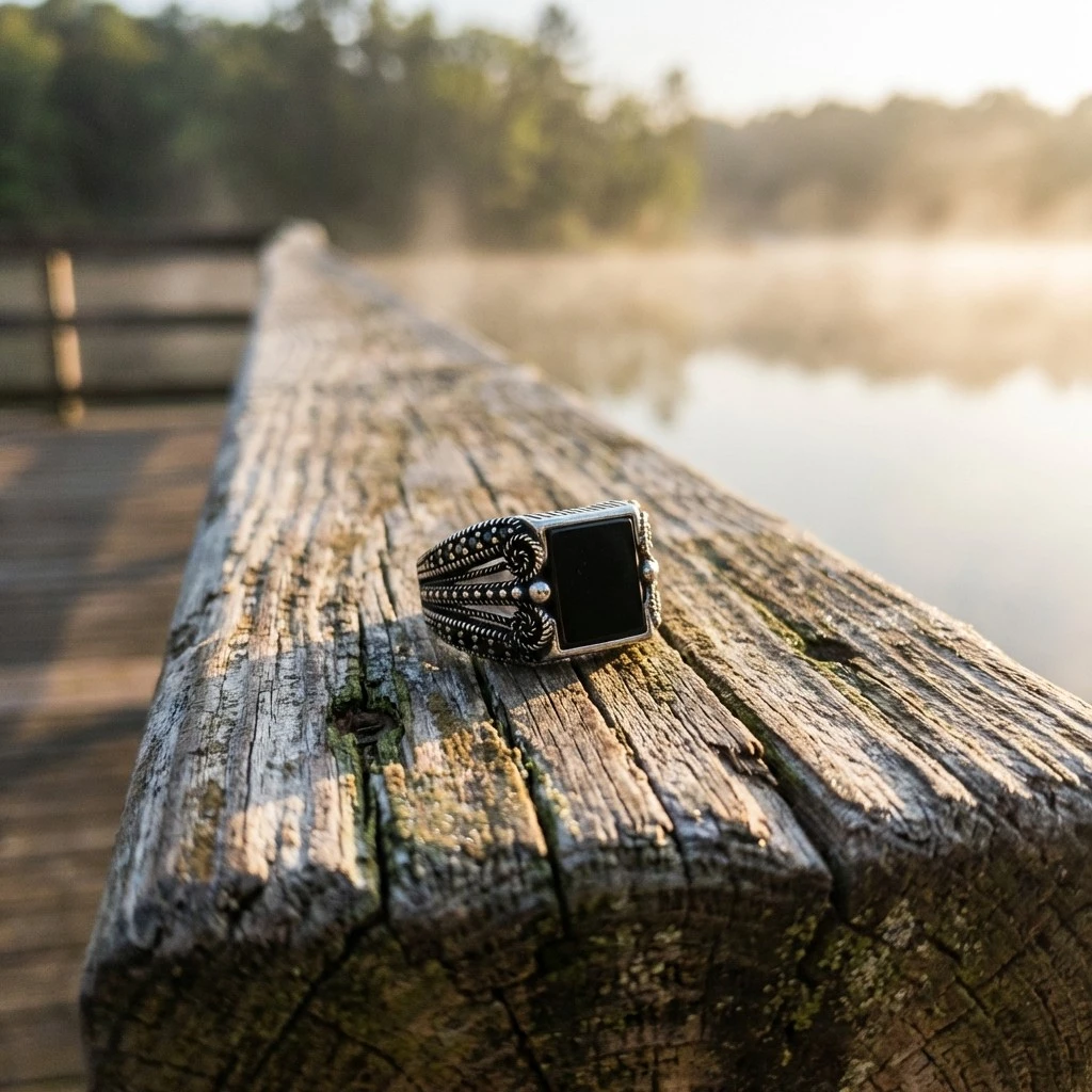 Siyah Kare Taşlı Yanları S Formu Mikro Zirkon İşlemeli Gümüş Yüzük