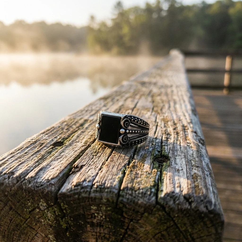Siyah Kare Taşlı Yanları S Formu Mikro Zirkon İşlemeli Gümüş Yüzük