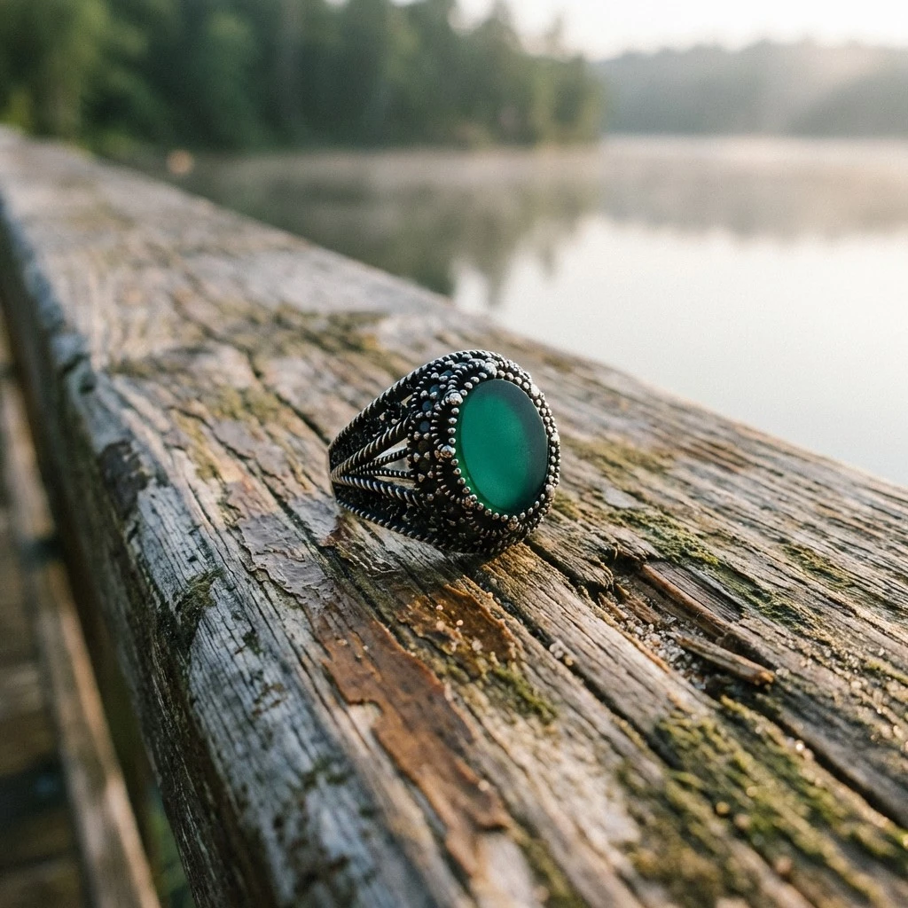 Yeşil Doğal Taşlı Yanları Pencereli ve Mikro Taşlı Gümüş Erkek Yüzüğü