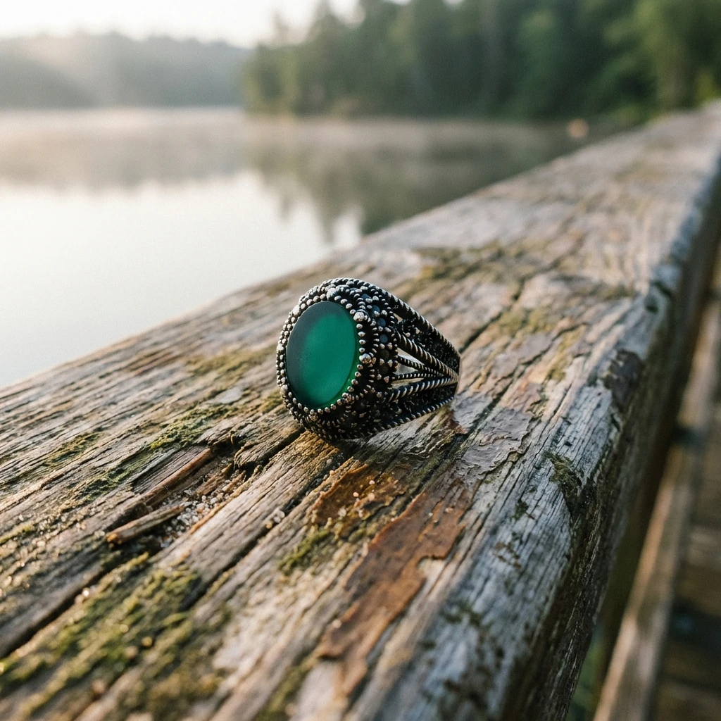 Yeşil Doğal Taşlı Yanları Pencereli ve Mikro Taşlı Gümüş Erkek Yüzüğü