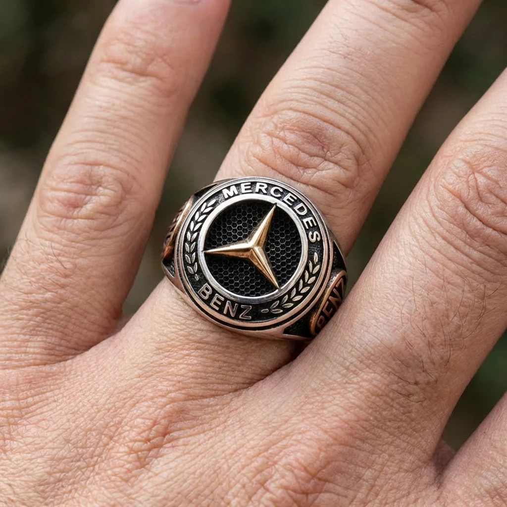 Mercedes-Benz Logolu ve Bal Peteği Dokulu Erkek Yüzüğü