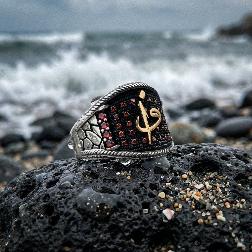 Altın Detaylı Elif Vav Harfli Taşlı Erkek Yüzüğü