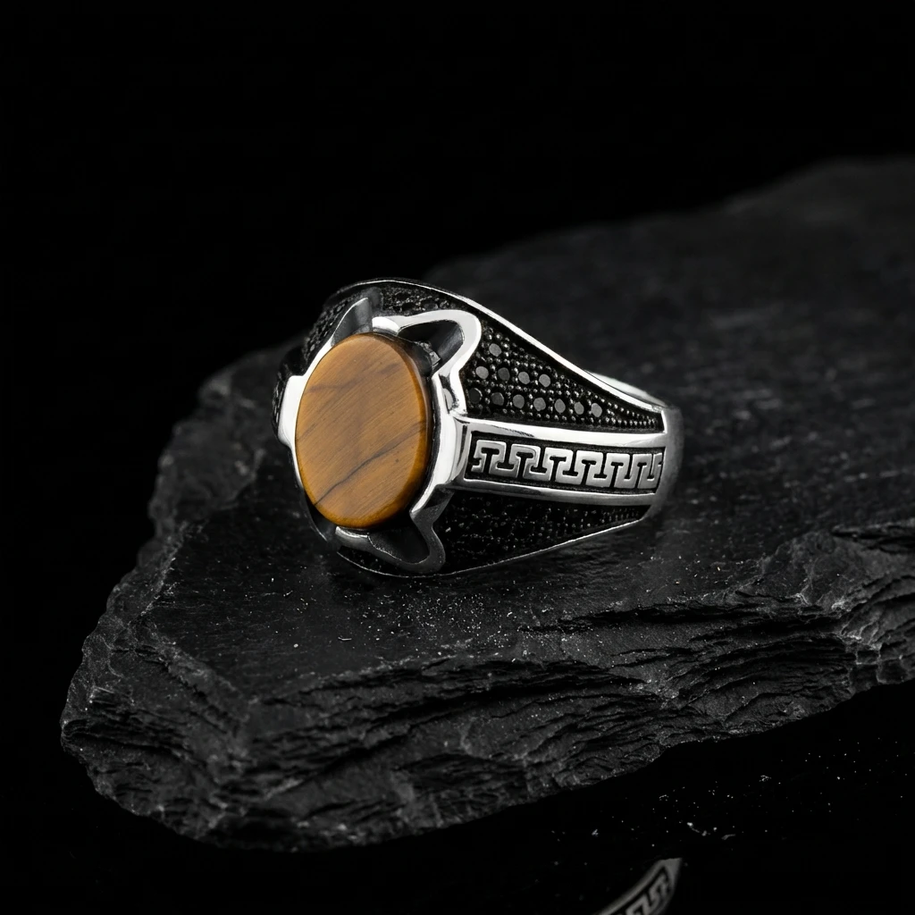 Doğal Kaplan Gözü Taşlı Antik Labirent Desenli Erkek Yüzük