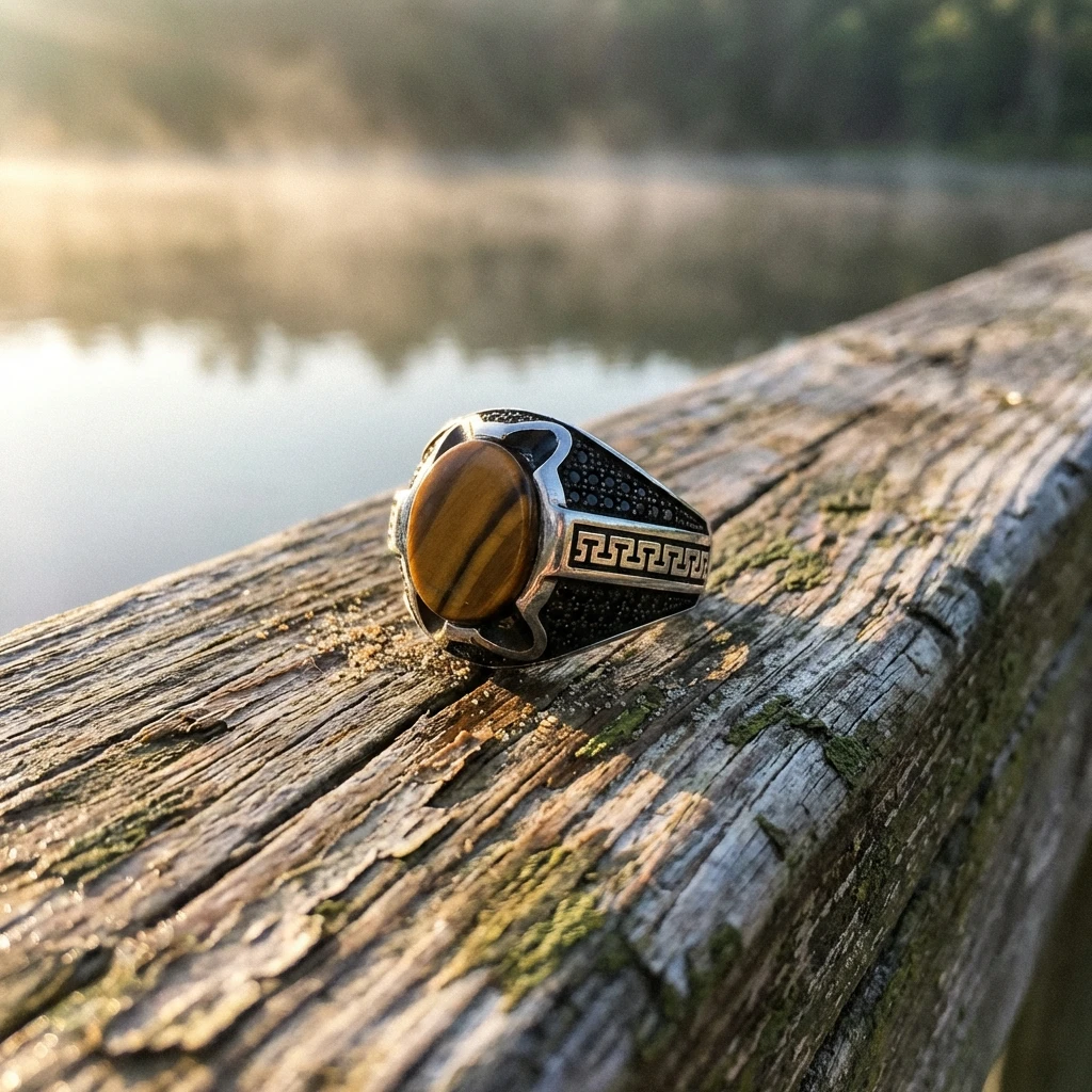 Doğal Kaplan Gözü Taşlı Antik Labirent Desenli Erkek Yüzük