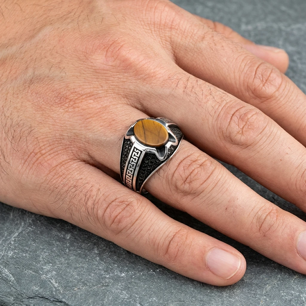 Doğal Kaplan Gözü Taşlı Antik Labirent Desenli Erkek Yüzük