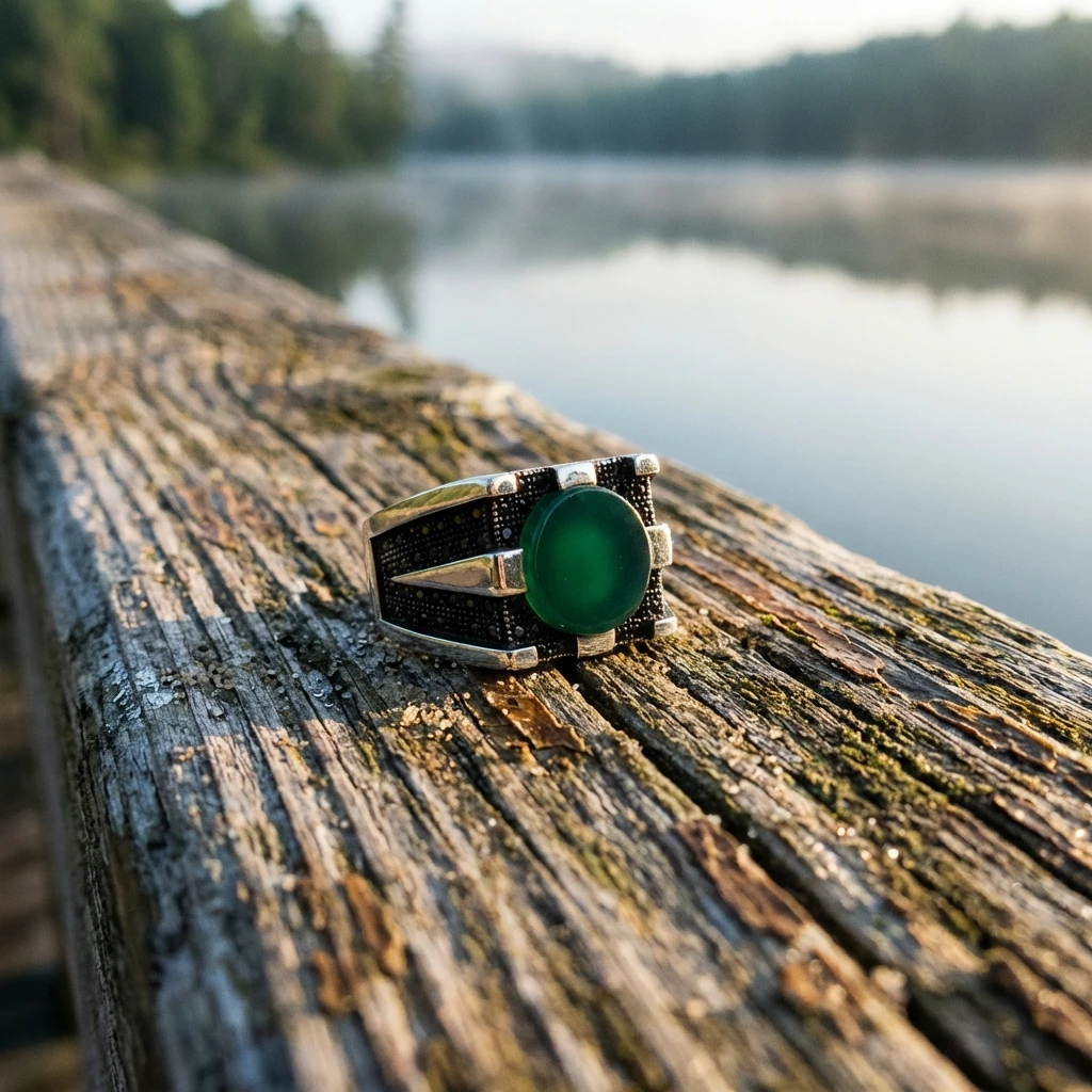 Özel Tasarım Yeşil Akik Taşlı Masif Gümüş Mühür Yüzük