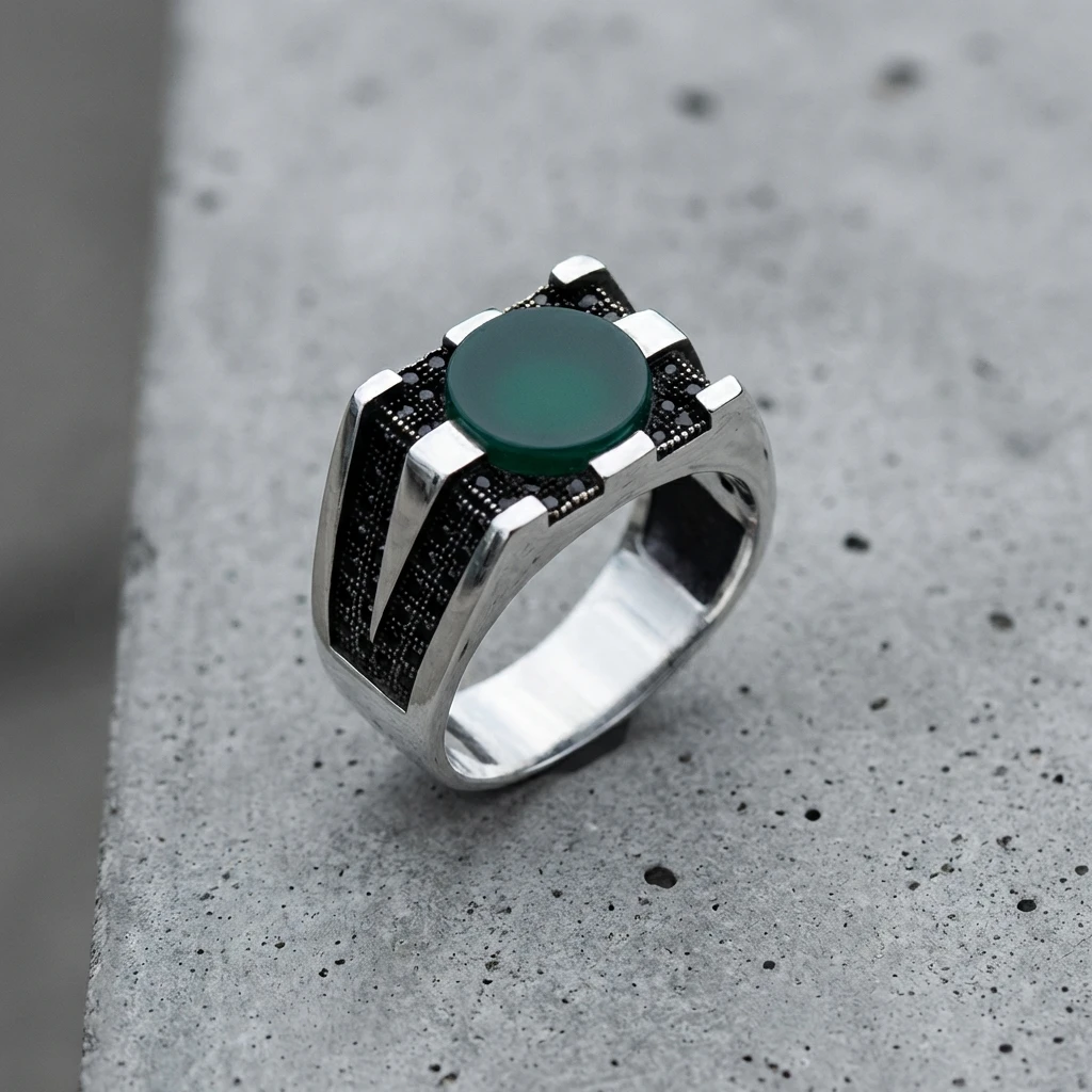 Özel Tasarım Yeşil Akik Taşlı Masif Gümüş Mühür Yüzük