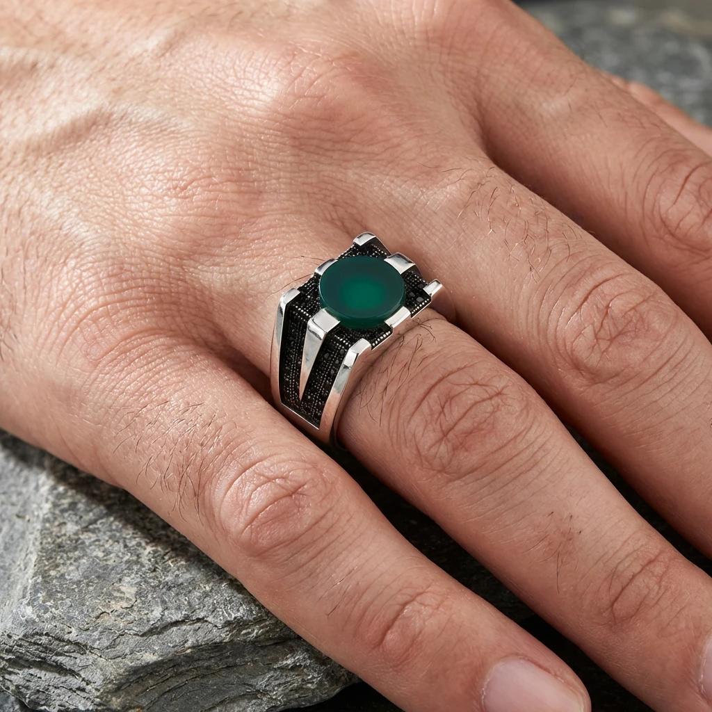 Özel Tasarım Yeşil Akik Taşlı Masif Gümüş Mühür Yüzük