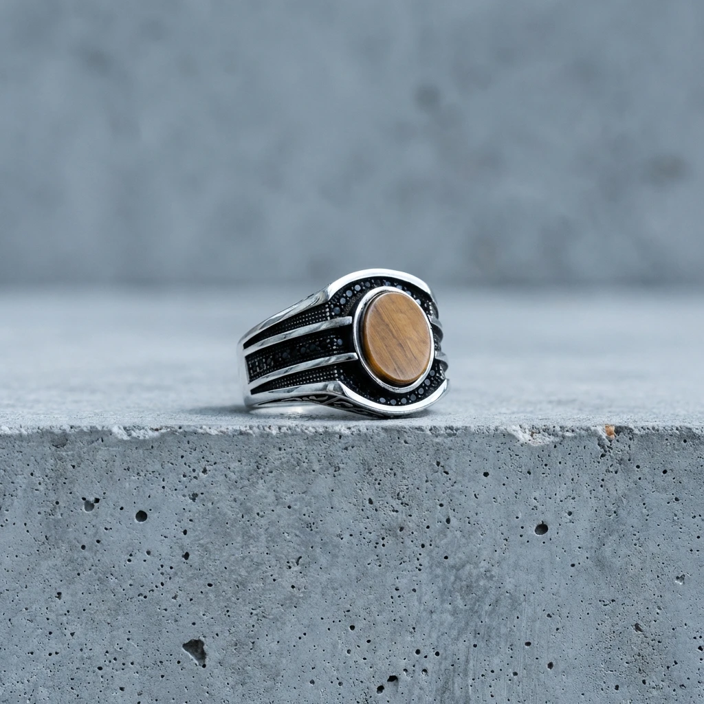 Kaplan Gözü Taşlı Masif Erkek Yüzüğü