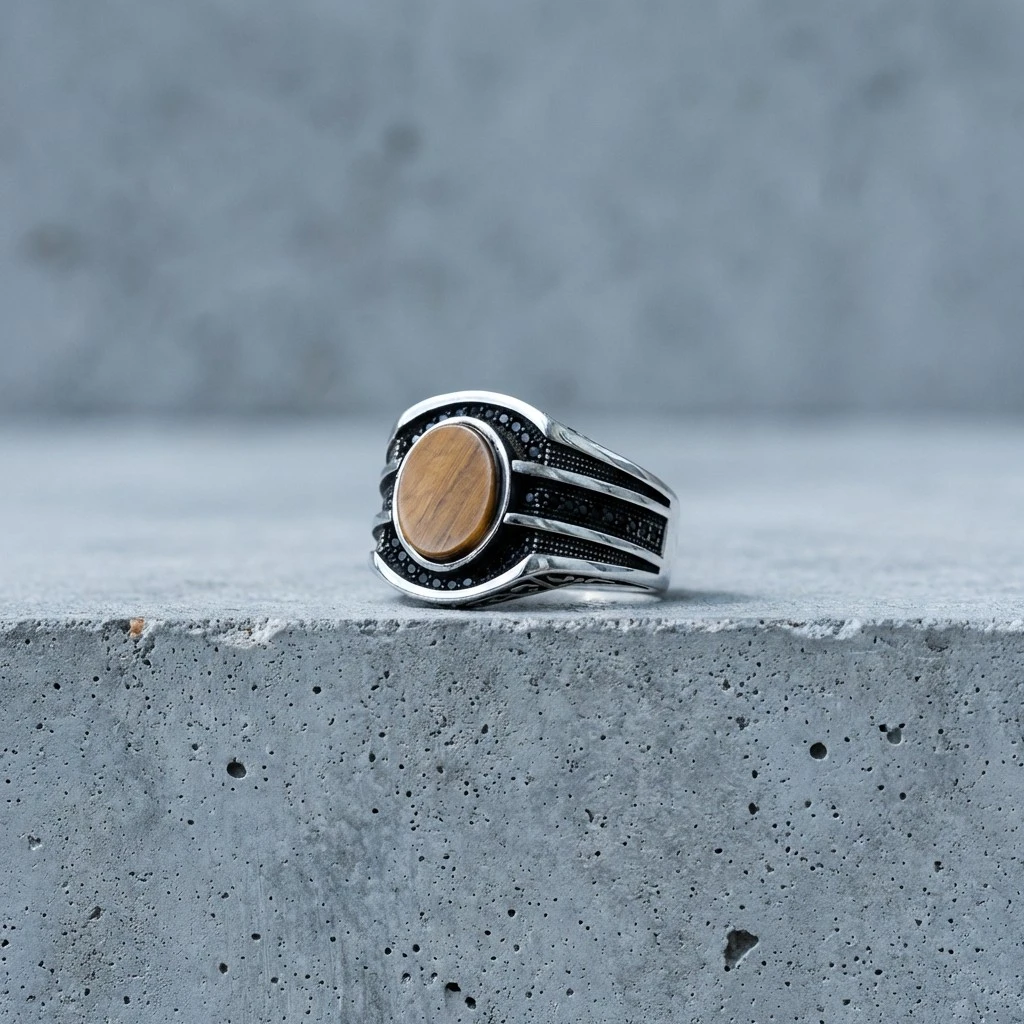 Kaplan Gözü Taşlı Masif Erkek Yüzüğü