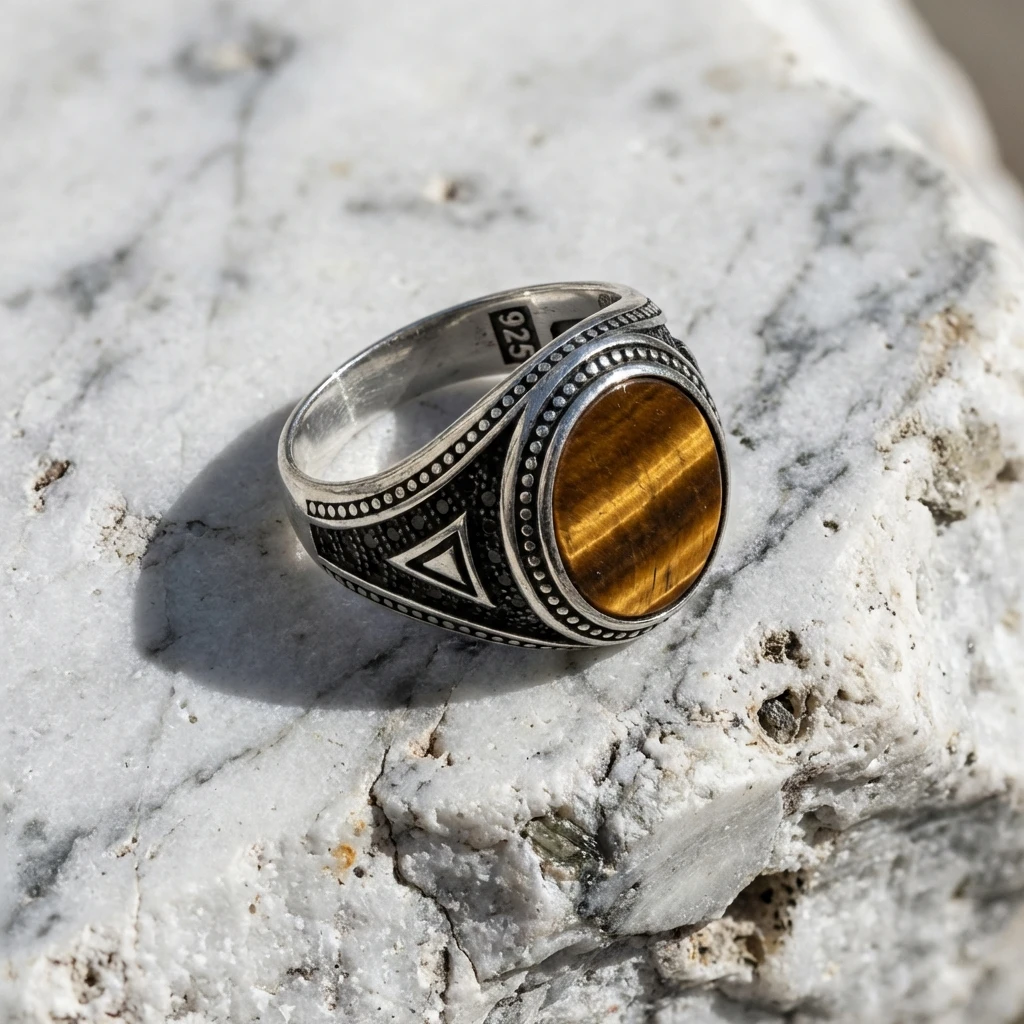 Nokta İşlemeli Kızıl Akik Taşlı Erkek Yüzük