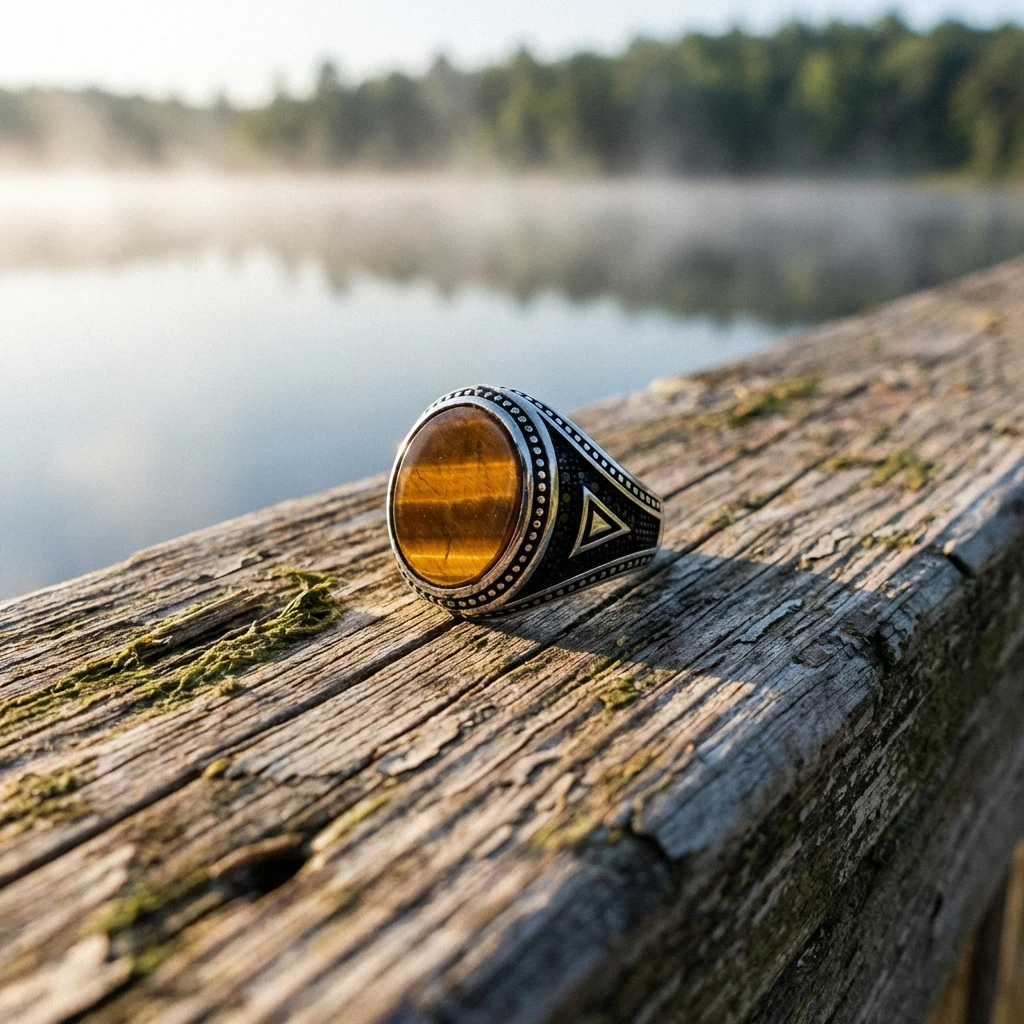 Nokta İşlemeli Kızıl Akik Taşlı Erkek Yüzük