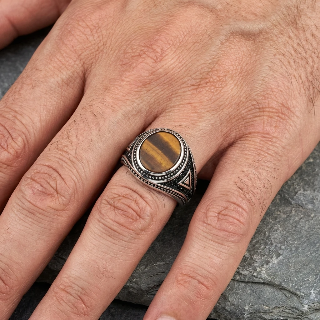 Nokta İşlemeli Kızıl Akik Taşlı Erkek Yüzük