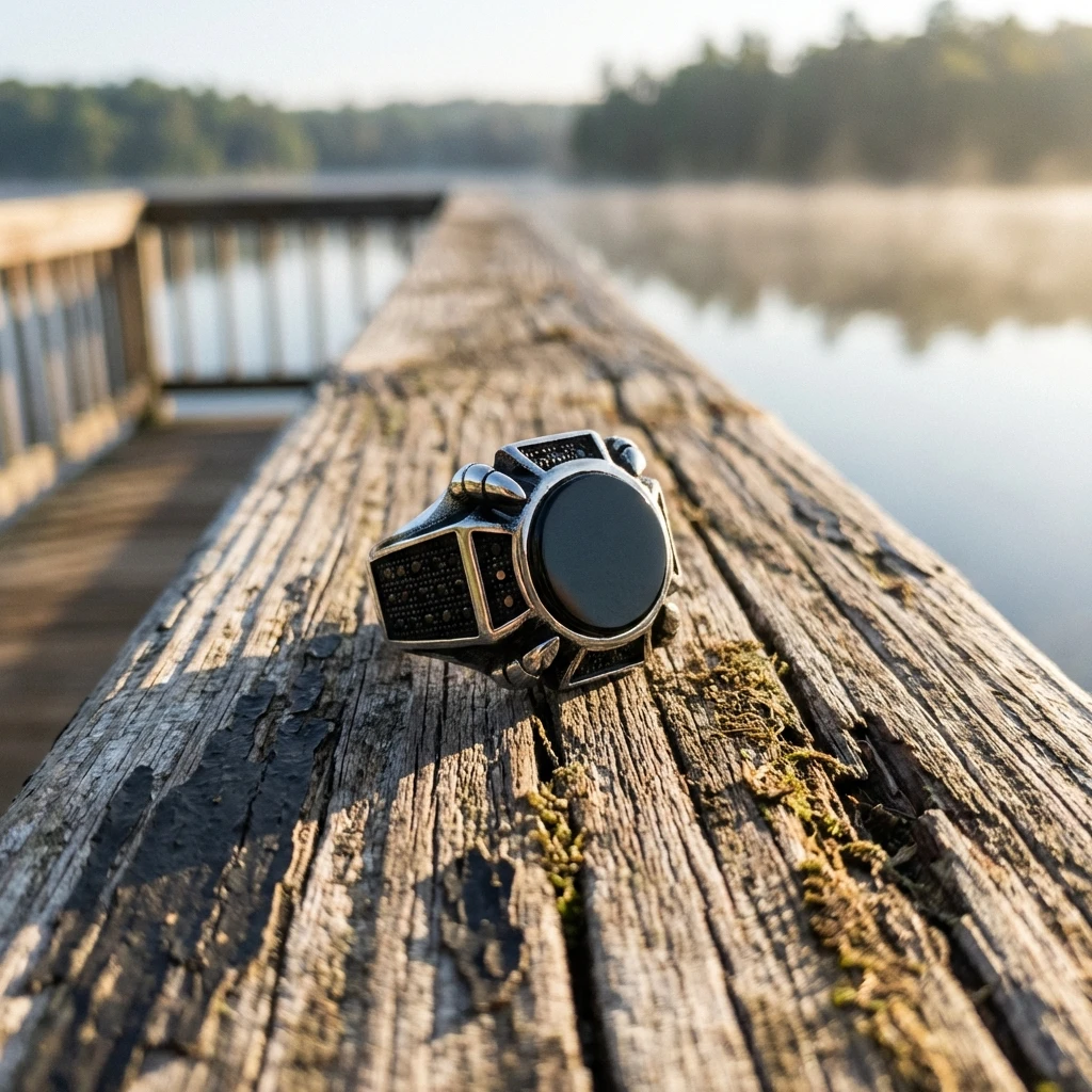 Üçgen İşlemeli Kaplan Gözü Taşlı Erkek Yüzük