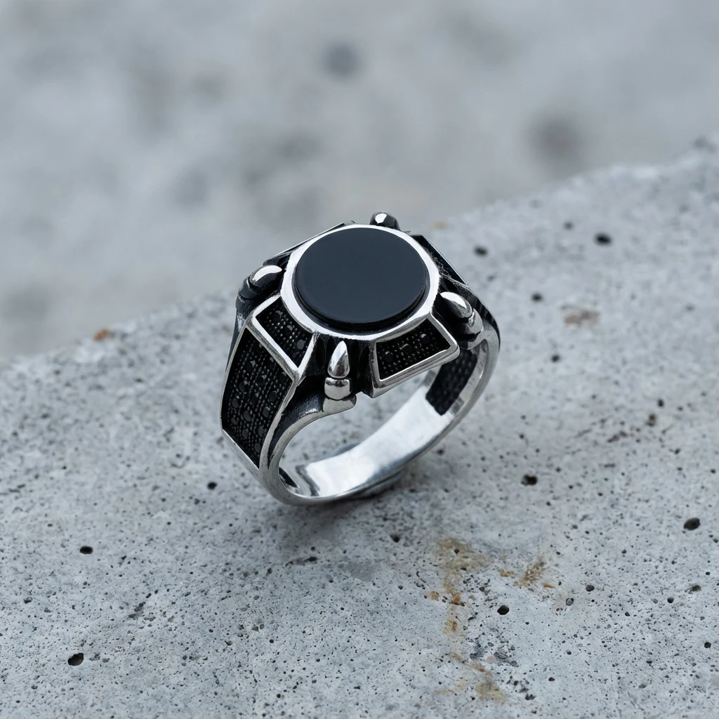 Üçgen İşlemeli Kaplan Gözü Taşlı Erkek Yüzük