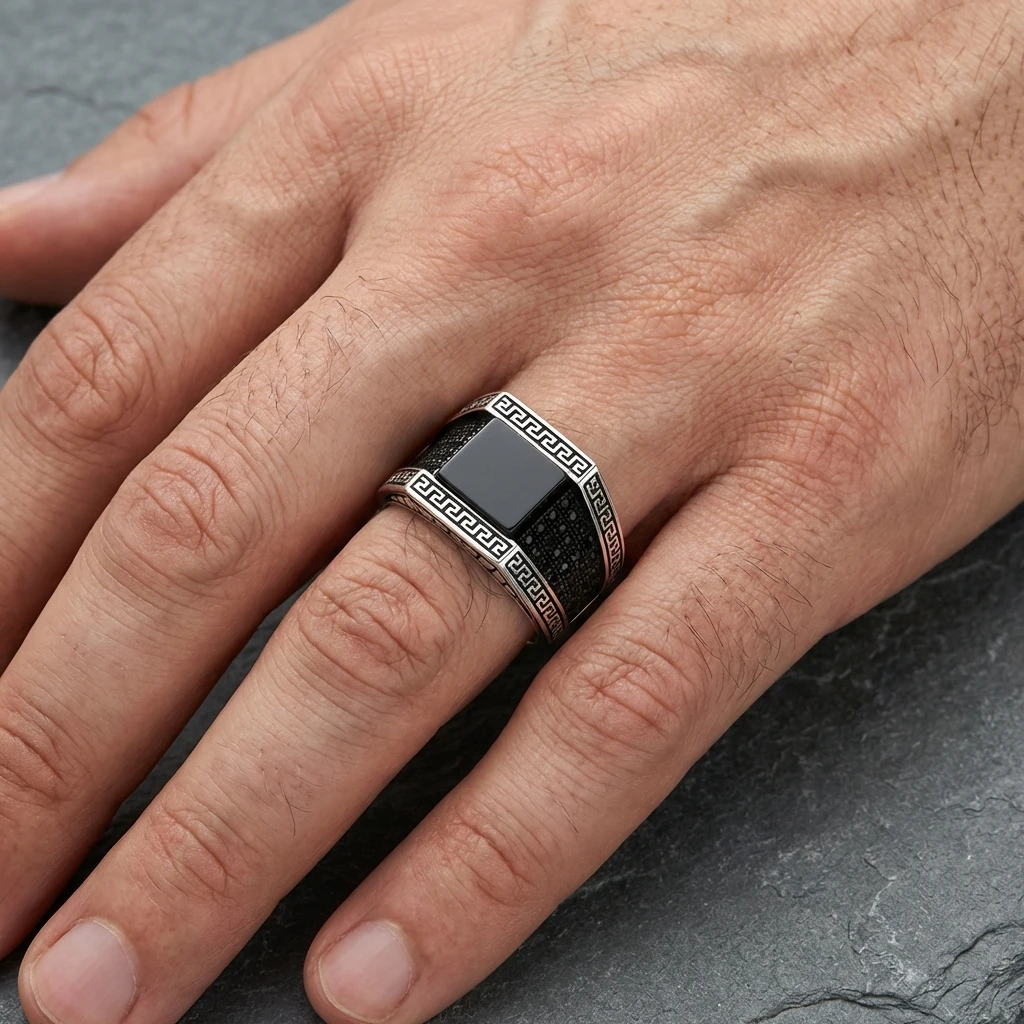 Grek Desenli Kare Siyah Oniks Erkek Yüzük