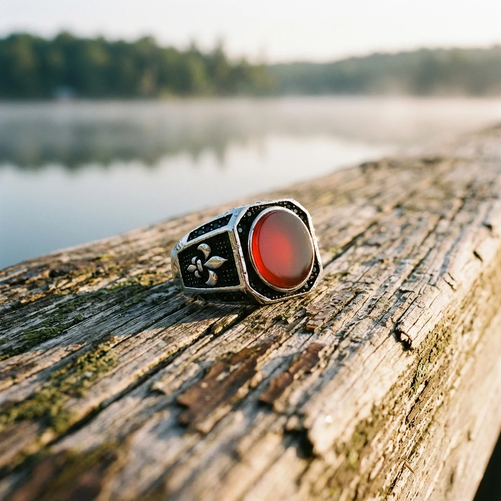 Zambak Figürlü Kızıl Akik Taşlı Erkek Yüzük