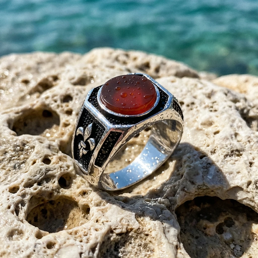 Zambak Figürlü Kızıl Akik Taşlı Erkek Yüzük