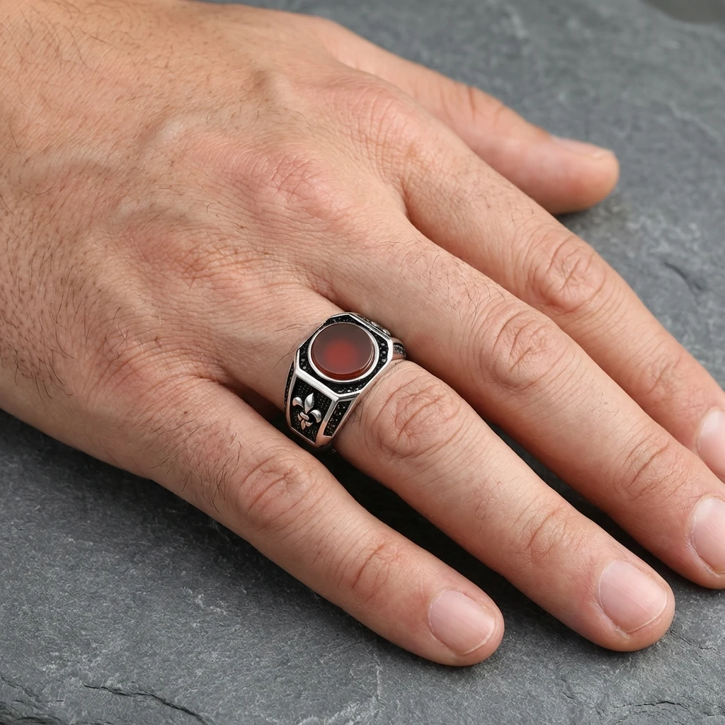 Zambak Figürlü Kızıl Akik Taşlı Erkek Yüzük