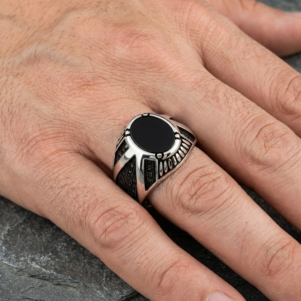 V-Hattı İşlemeli Siyah Oniks Erkek Yüzük