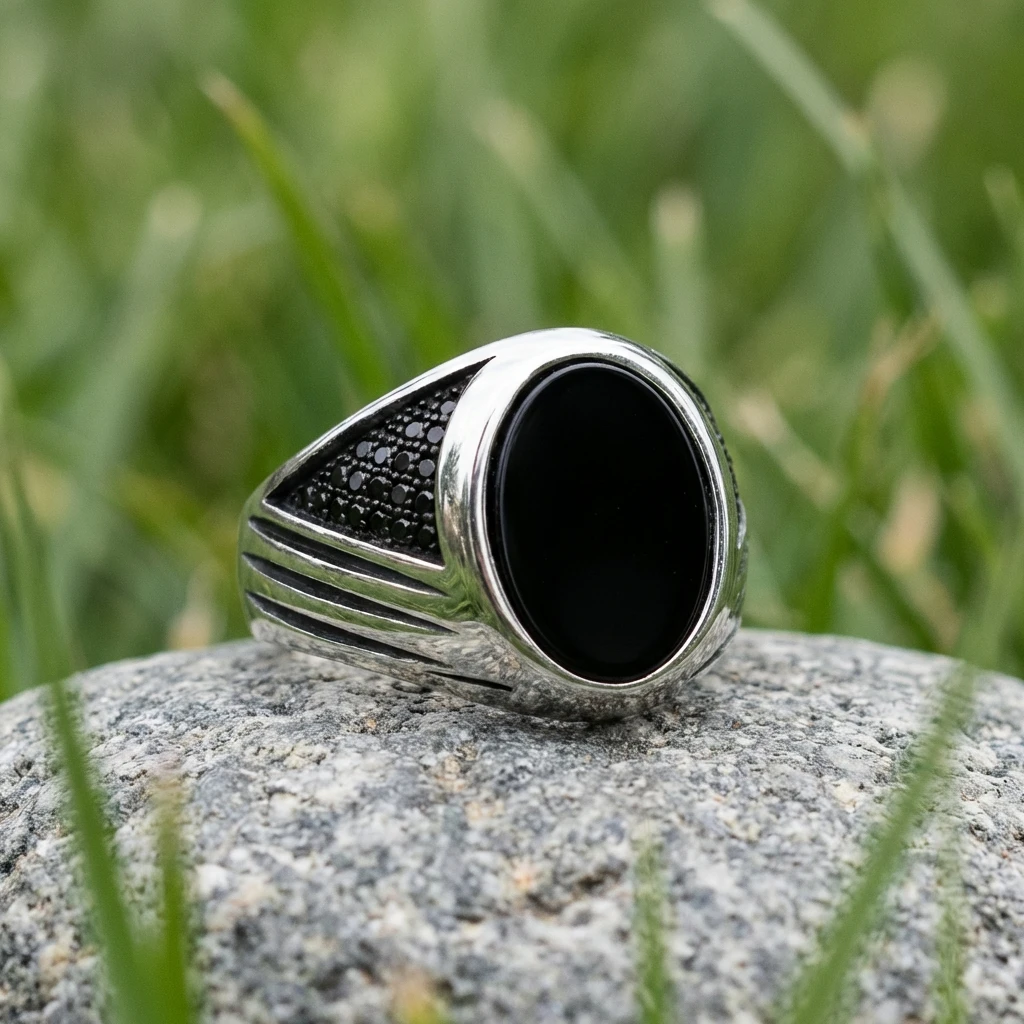 Üç Çizgili ve Siyah Oniks Taşlı Erkek Yüzük