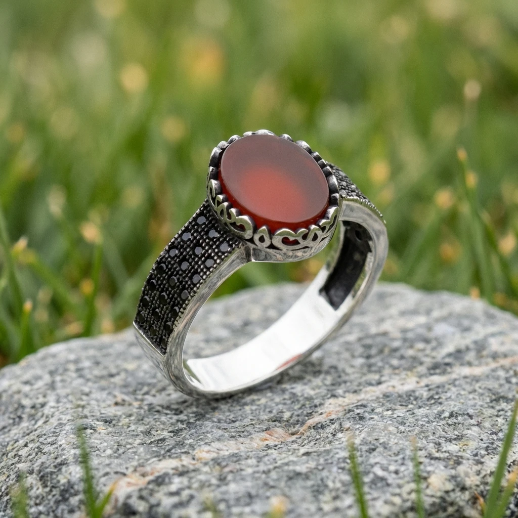 Dantel Çerçeveli Kızıl Akik Taşlı Erkek Yüzük