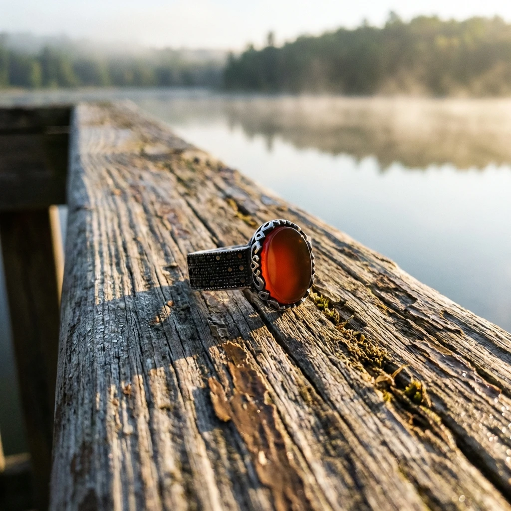 Dantel Çerçeveli Kızıl Akik Taşlı Erkek Yüzük