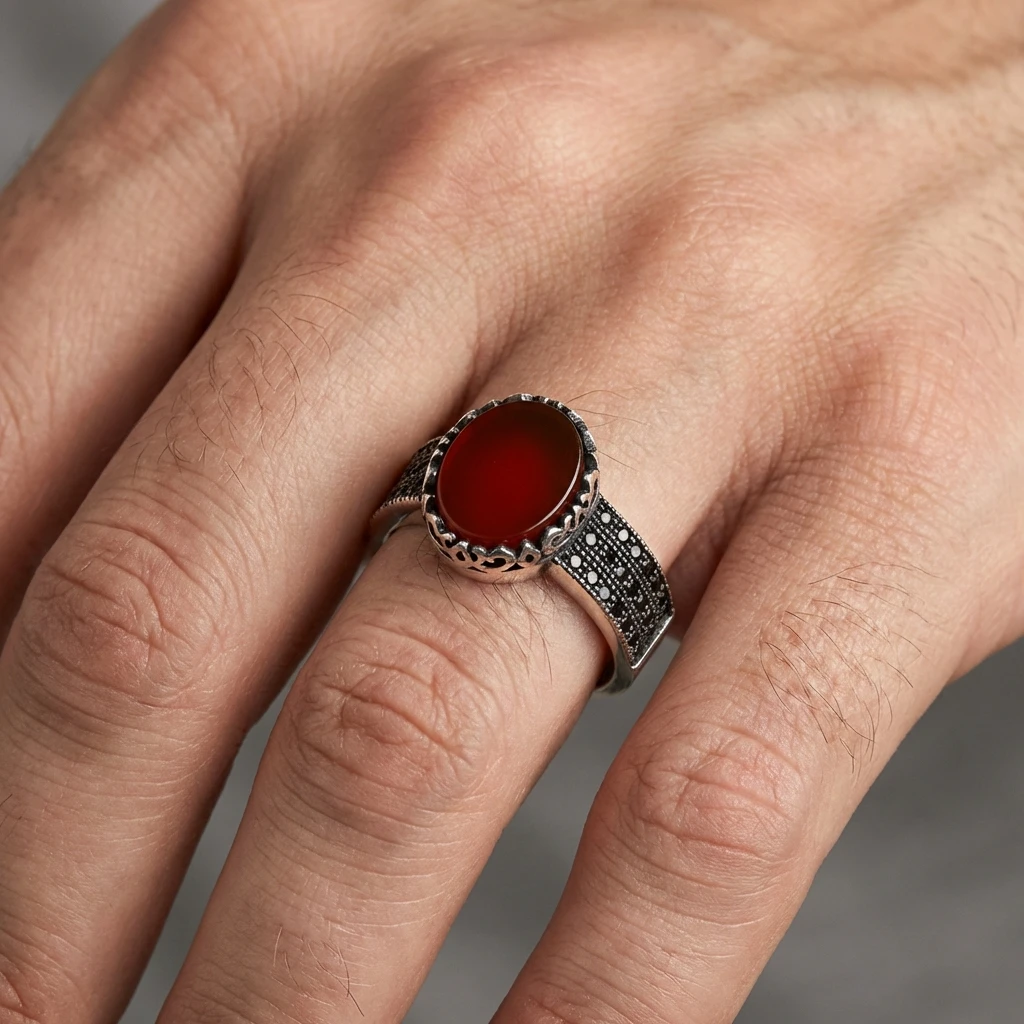 Dantel Çerçeveli Kızıl Akik Taşlı Erkek Yüzük