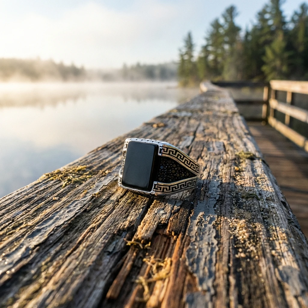 Grek Desenli Kare Siyah Oniks Erkek Yüzük