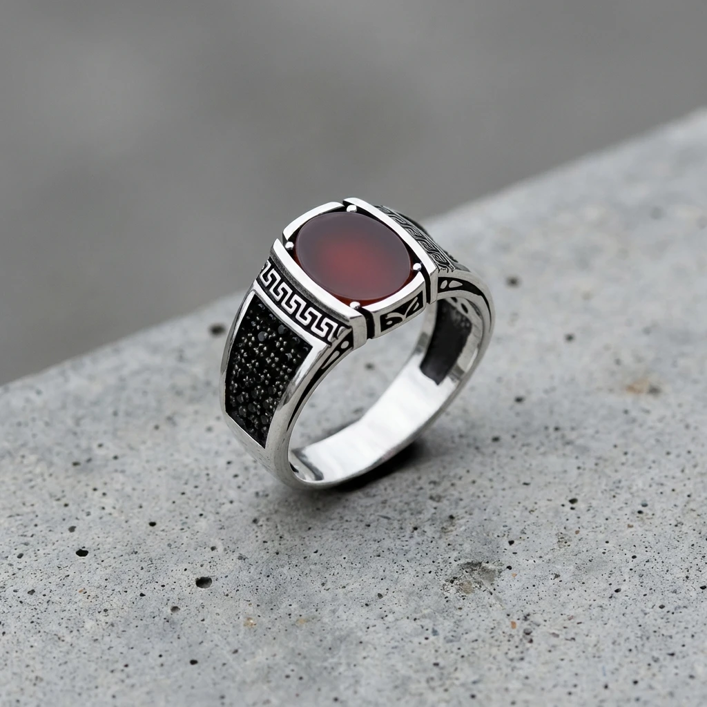Grek Desenli Oval Kızıl Akik Erkek Yüzük