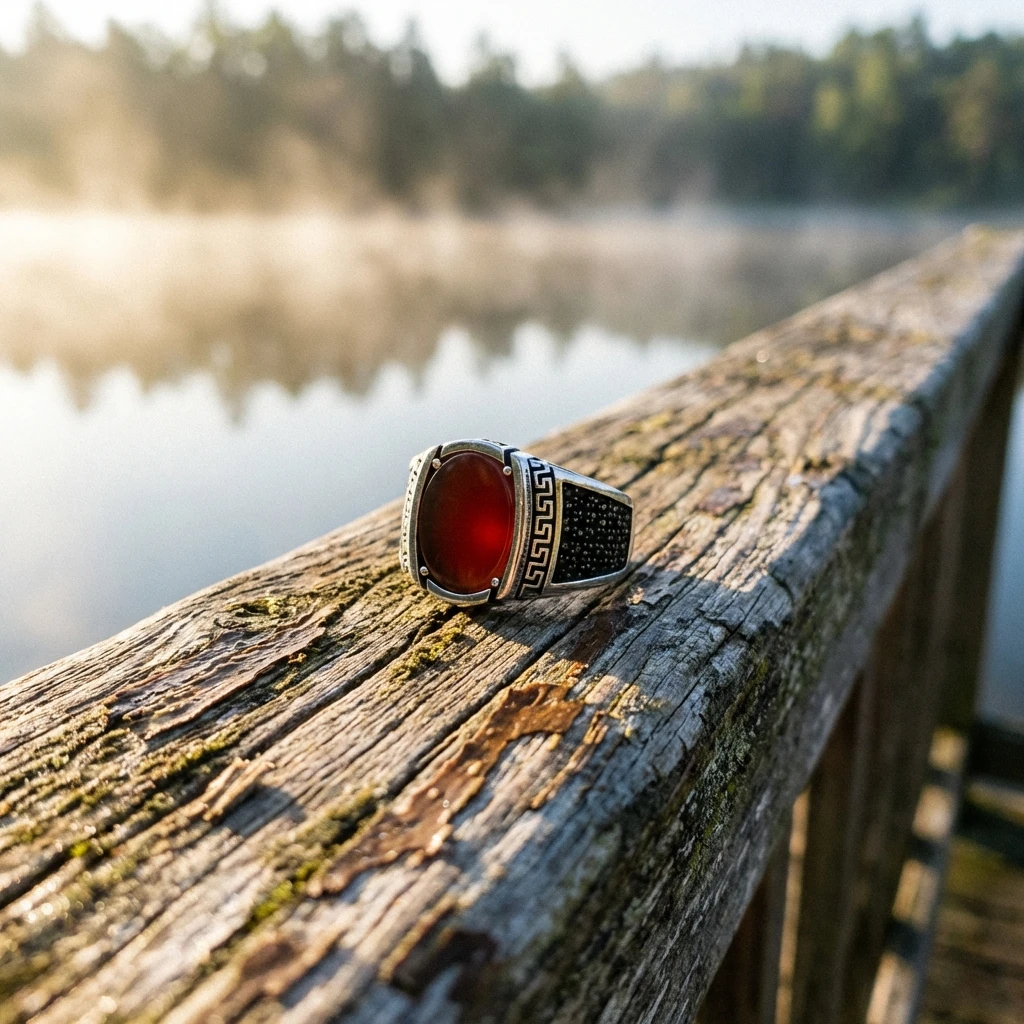 Grek Desenli Oval Kızıl Akik Erkek Yüzük