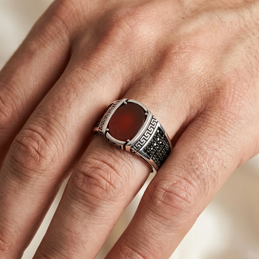 Grek Desenli Oval Kızıl Akik Erkek Yüzük