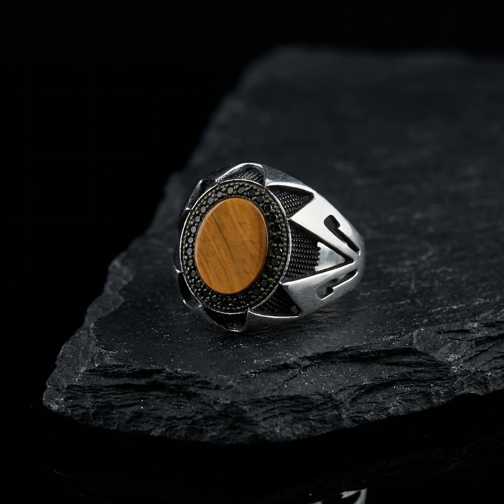 Keskin Kanat Tasarım Oval Kaplan Gözü Erkek Yüzük