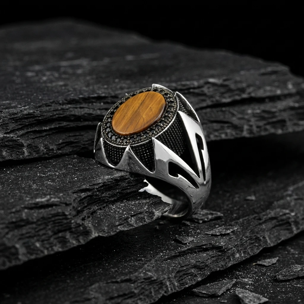 Keskin Kanat Tasarım Oval Kaplan Gözü Erkek Yüzük