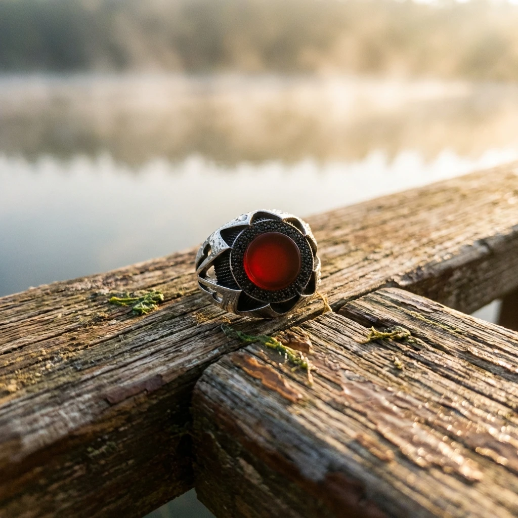 Keskin Kanat Tasarım Yuvarlak Kızıl Akik Erkek Yüzük