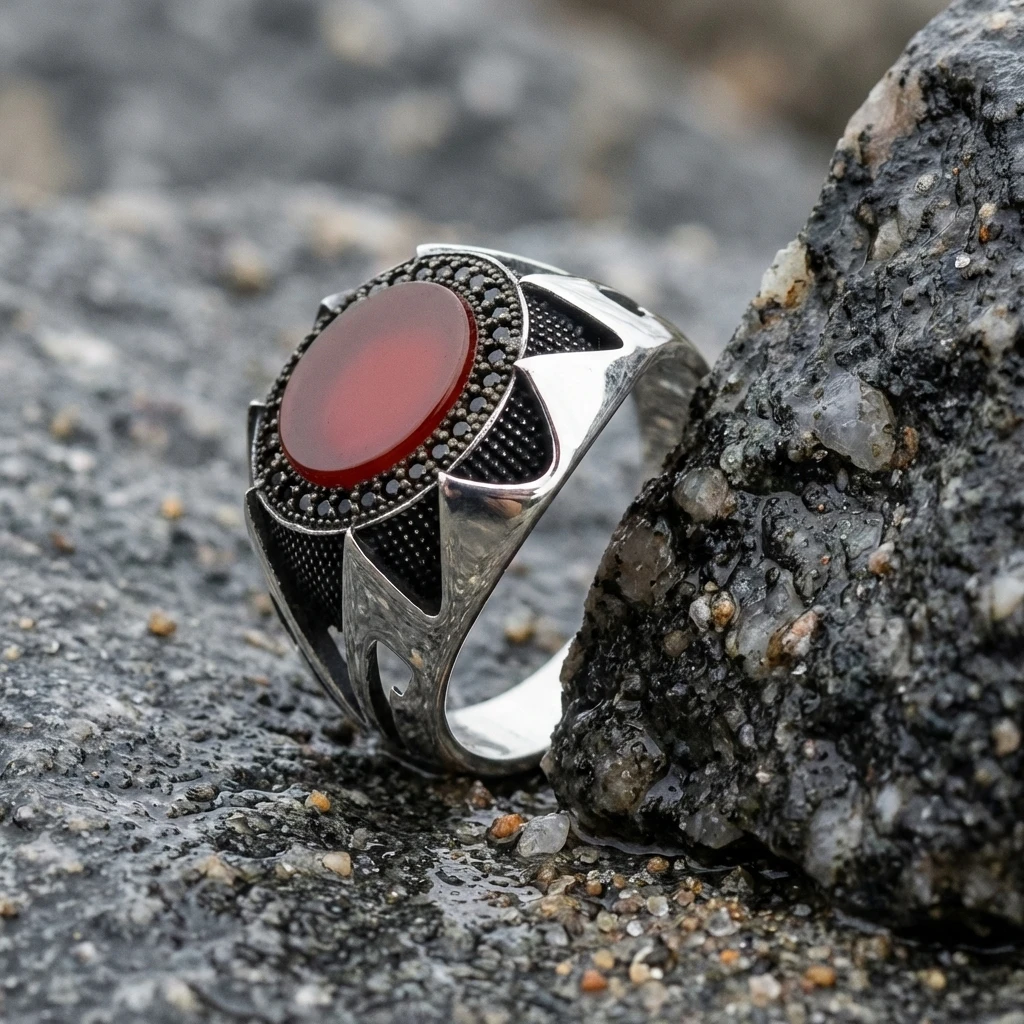 Keskin Kanat Tasarım Yuvarlak Kızıl Akik Erkek Yüzük