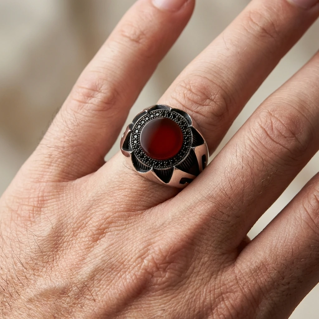 Keskin Kanat Tasarım Yuvarlak Kızıl Akik Erkek Yüzük