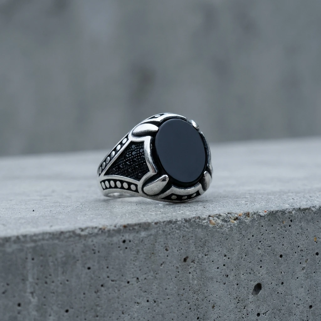 Özel Pençe Tasarım Yuvarlak Siyah Oniks Erkek Yüzük